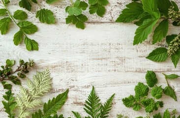 Wall Mural - Green leaves frame on white wood; nature background, design element