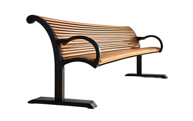 Poster - A public street bench with a curved wooden seat and metal legs, isolated on a empty plain background