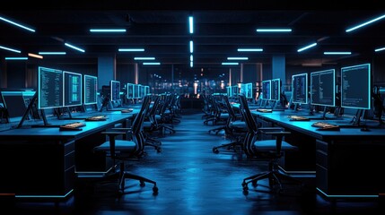 Modern office workspace with multiple computer stations, illuminated by blue lights, showcasing coding activity