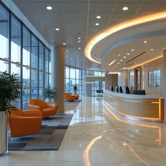 Aufkleber - Elegant and Modern Office Lobby with Curved Reception Desk, Stylish Orange Armchairs, Large Windows, and Sleek Design Featuring Natural Light and Polished Floors