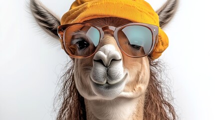 Wall Mural - Camel wearing sunglasses and a yellow hat