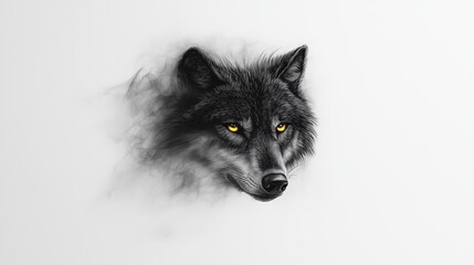 Wall Mural -  A black and white drawing of a wolf's face with yellow eyes