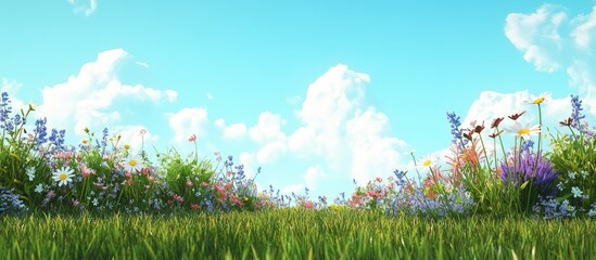 Wall Mural - Sunny meadow wildflowers, blue sky, website banner