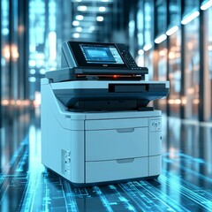 Poster - High-Tech Multifunction Printer in Futuristic Office Space with Data Streams Reflecting, Offering Advanced Printing, Scanning, and Copying Solutions.
