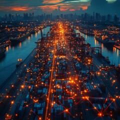 Poster - Illuminated Nightscape: High-Angle View of a Bustling Container Port and Distant City Skyline at Dusk, Showcasing Global Trade and Logistics