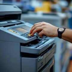 Aufkleber - Man operating modern multifunction printer, using touchscreen controls in office setting, close-up of hand and watch detail for office equipment concept.