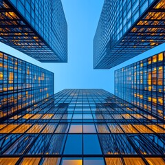 Aufkleber - Skyward Gaze: A Mesmerizing View of Modern Skyscrapers and Architectural Brilliance Reflecting in Glass Facades Against a Blue Sky Backdrop.