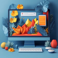 Poster - Vibrant Desktop Design: A Modern Workspace with Geometric Shapes, Floral Accents, and a Monochromatic Blue Palette for Creative Inspiration and Tech Aesthetics