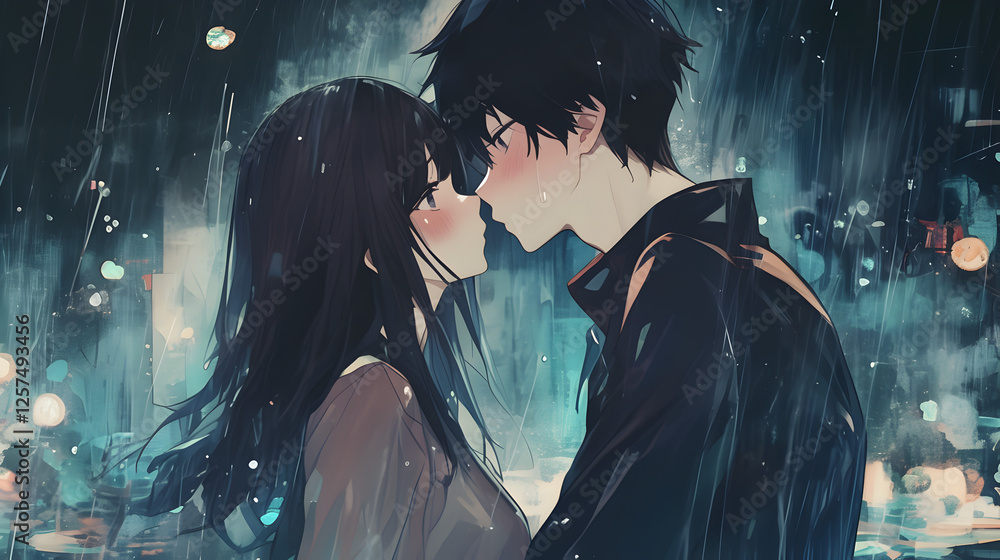 Anime Illustration of A Couple kissing in the rain at a romantic ...
