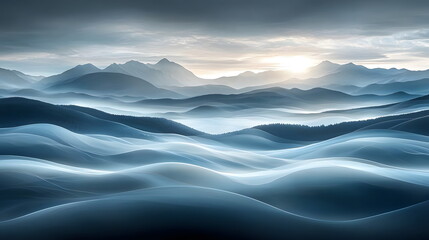 Naklejka na meble Misty mountain landscape with rolling hills under a dramatic sky during sunset or sunrise light.
