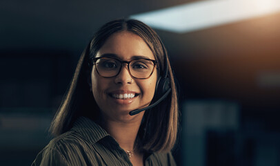Poster - Night, office and portrait of happy woman in call center with friendly smile, glasses and crm at help desk. Virtual assistant, consultant or customer service agent with headset, support or advice