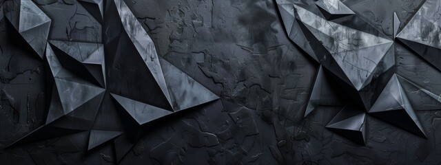 Wall Mural - Abstract minimalist wallpaper with sharp edges and geometric figures on black background. Featuring white space in the center for text, ideal for design templates and modern banners.
