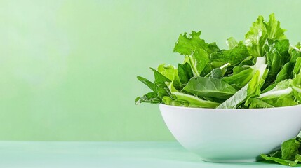 Poster - A white bowl filled with green leafy vegetables on a table