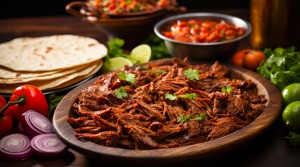 Wall Mural - Spice Up Your Meal: Authentic Mexican Barbacoa with Hot Sauce and Meat