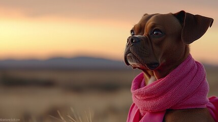 Wall Mural - A brown dog wearing a pink scarf in a field