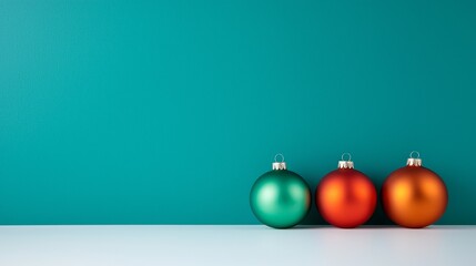 Canvas Print - Three colorful christmas ornaments sitting on a table in front of a blue wall