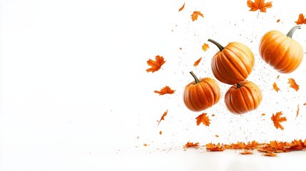 Canvas Print - A group of pumpkins flying through the air surrounded by falling leaves