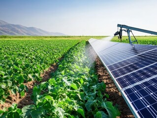 Canvas Print - A vast green field with solar panels irrigating crops, showcasing sustainable agriculture and renewable energy in harmony.