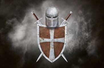 Wall Mural - knight's swords shield and helmet on dark background