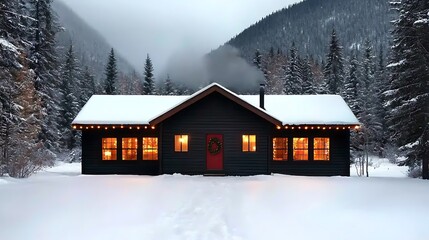 Wall Mural - Cozy winter cabin with glowing windows and smoke rising from chimney in snowy landscape