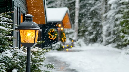 Wall Mural - Cozy winter scene featuring snow-covered cabins with glowing lanterns and festive decorations