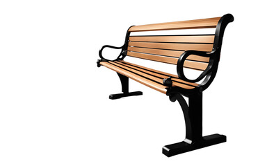 Poster - A sturdy wooden park bench with metal armrests, isolated on a empty plain background