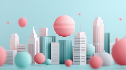 Wall Mural - a playful illustration of an abstract city skyline, featuring colorful spheres and geometric shapes 