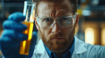 Wall Mural - in a modern laboratory, a focused scientist wearing a lab coat and protective goggles holds up a tes