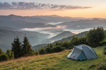 serene sunrise over misty mountains with a tent in the foreground, capturing nature's beauty