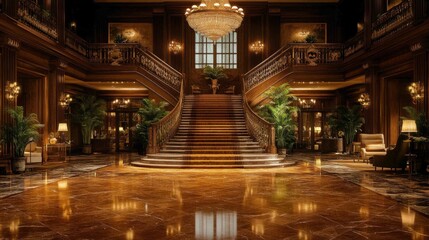 Canvas Print - Grand staircase in opulent, dark wood lobby.