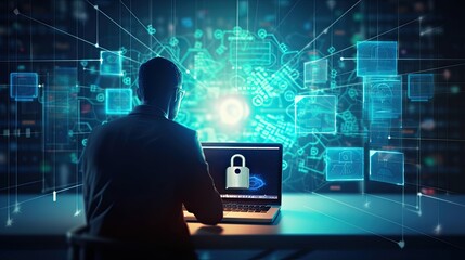 Computer programmer using modern computer with digital padlock and cyber security network