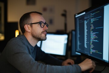 Wall Mural - A man is sitting in front of a computer monitor, looking at the screen. He is wearing glasses and he is focused on the computer