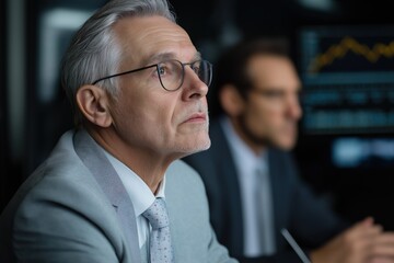 Wall Mural - A man in a gray suit and glasses is looking at a computer screen. He is wearing a tie and he is focused on the screen