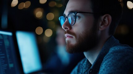 man coding late at night on computer