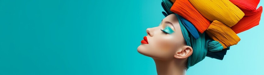 Wall Mural - A vibrant portrait of a woman with colorful headwear, showcasing bold makeup and a striking profile against a turquoise background.