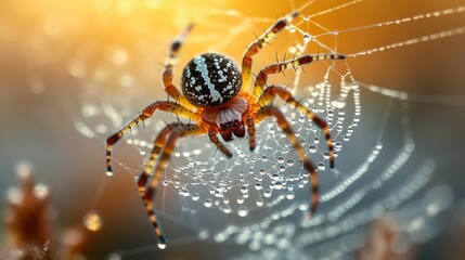 Dew-kissed spider, intricate web, sunrise glow