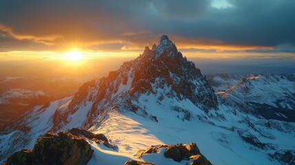 Poster - Golden sunset illuminates snow-capped mountain peak.