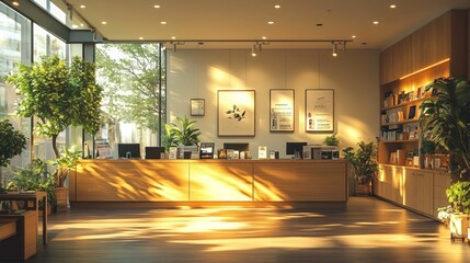 Wall Mural - Sunlit reception area, wooden interior, abundant plants.