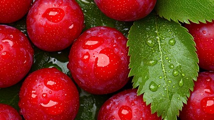 Poster - A bunch of red cherries with water droplets on them