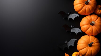 Canvas Print - A group of pumpkins and bats on a black background