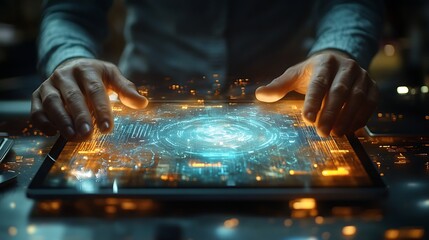 a businessman using a tablet with a digital icon
