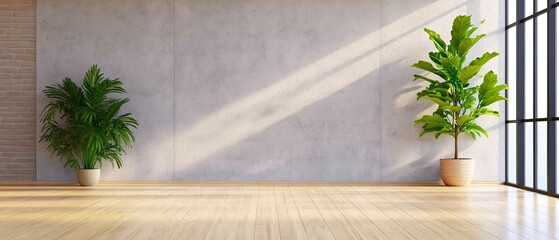 Wall Mural - A bright, minimalistic interior space featuring potted plants, wooden flooring, and a large window allowing natural light to fill the room.