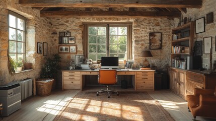 Wall Mural - Rustic stone home office bathed in sunlight.