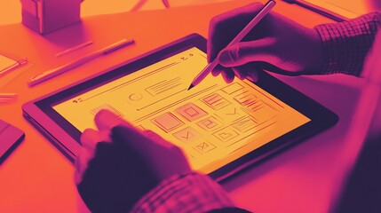 UI/UX Design Process: Sketching a Website Interface on a Tablet