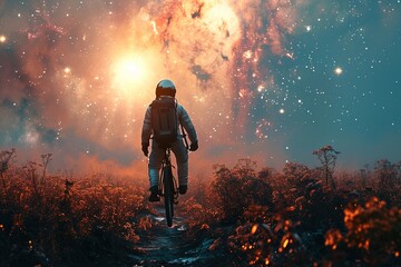 Wall Mural - back view astronaut in spacesuit rides on bicycle on road with plants and flowers on alien planet wi