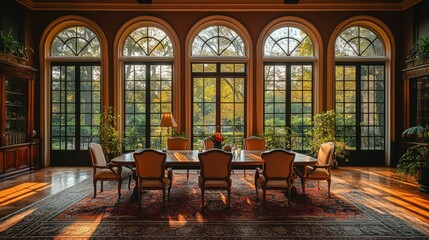 Wall Mural - Sunlit dining room, elegant chairs, autumnal garden view.