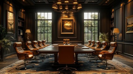 Wall Mural - Luxurious boardroom, dark wood, leather chairs, natural light