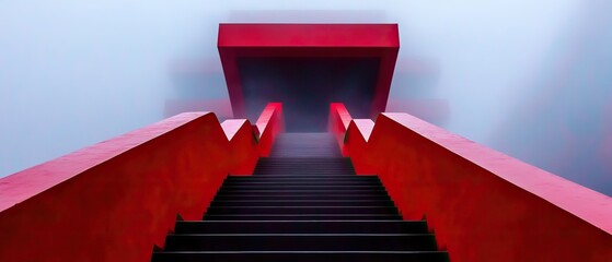 Wall Mural - A striking image of a red staircase leading upward into a misty, ethereal atmosphere, creating a sense of intrigue and depth.