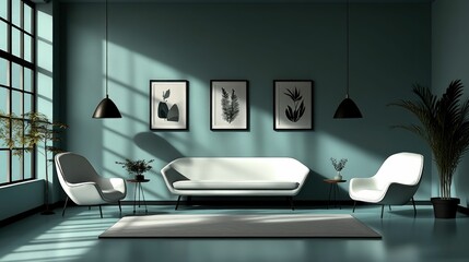 Wall Mural - Serene teal living room, modern furniture, sunlight.