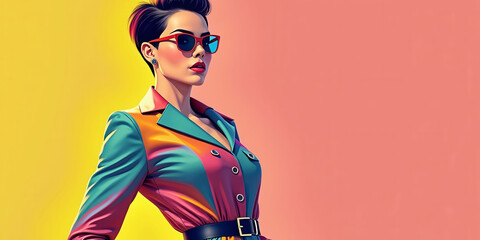 Wall Mural - A woman is wearing a colorful jacket and skirt. She is standing in front of a yellow background